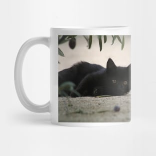 Black Kitten Playing with Black Olives Mug